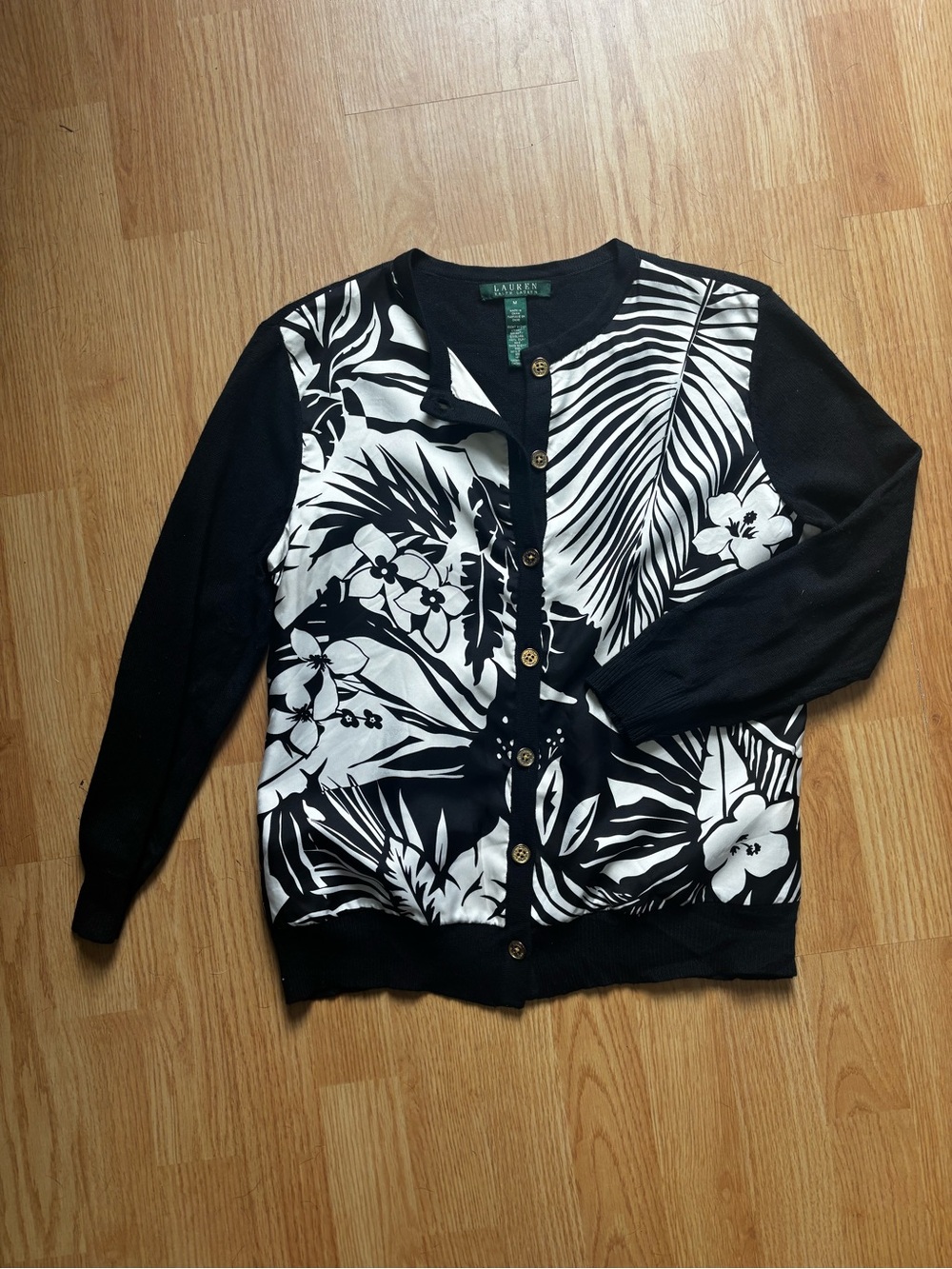 Lauren Ralph Lauren silk cashmere cardigan black white medium leaf print floral